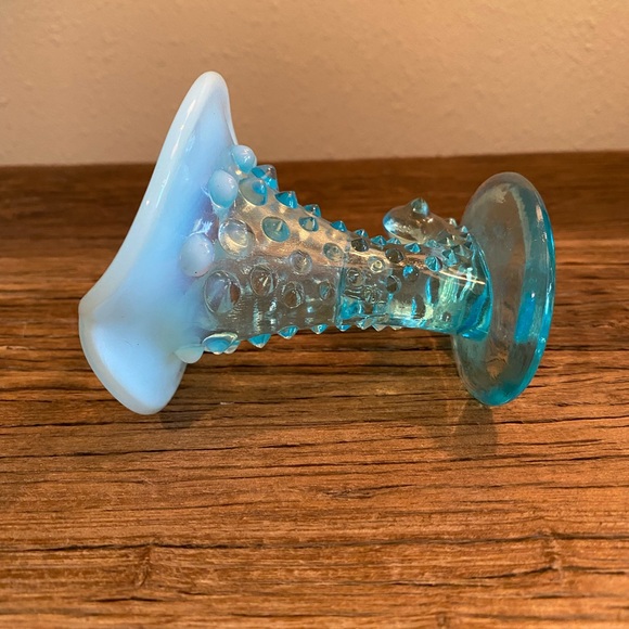 Fenton Blue Opalescent Hobnail Horn of Plenty 
Small Vase - Picture 6 of 8